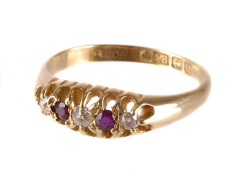 An early 20th century five stone ruby and diamond ring,  to an 18ct gold shank, finger size M