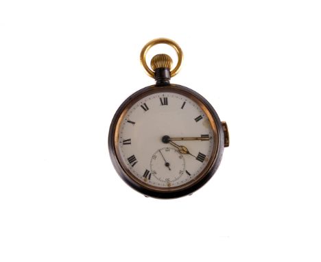 An early 20th century gun metal quarter repeating open faced pocket watch,  the white enamel dial with black Roman numerals, 