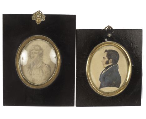 A Regency miniature watercolour portrait of a young gentleman, facing dexter dressed in stock collar and blue frock coat, ins