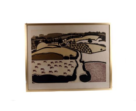 Graham Clarke (1941-), lino print on paper, a rural and a sea scape, the larger 67 x 52cm, framed and glazed (2)