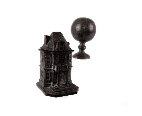 A Chinese pewter tobacco jar,  modelled as a globe, together with another in the form of a Victorian town house (2) AF