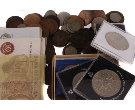 A collection of 20th century coins and paper currency,  both UK and International, including two 'First Decimal Coin' collect