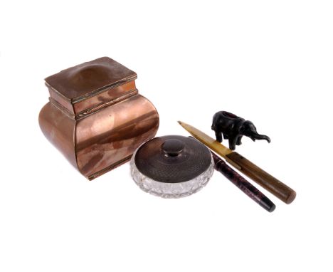 A George V silver and cut glass powder pot, together with a spelter elephant pin cushion, a vintage Valentine Pen Co fountain