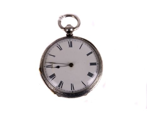 A late 19th century silver open faced pocket watch,  the white enamel dial with black Roman numerals, and spade hands, three 