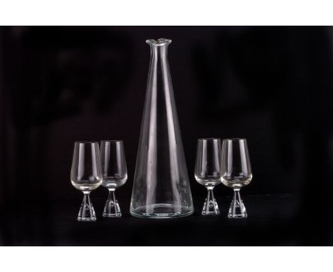 Holmgaard Decanter & glasses together with a leather cased tri-set of glass perfume bottles with flashed and etched chequered