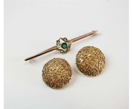 A pair of 9ct gold earrings, each of textured domed form with clip fittings, together with a green paste and seed pearl set b