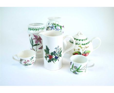 A large collection of Portmeirion table and dinnerware in the Botanic Garden design including planters, vases, coffee and tea