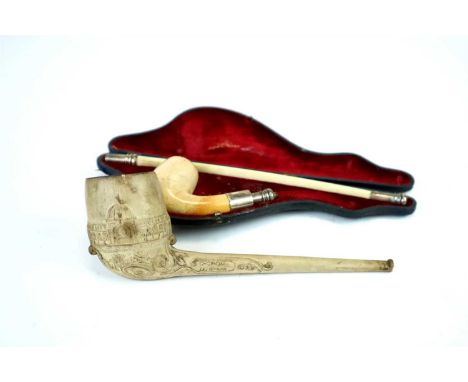 A Victorian cased tobacco pipe with a Meerschaum bowl and long bone stem with silver mounts, Birmingham,1890 by Louis Blumfel