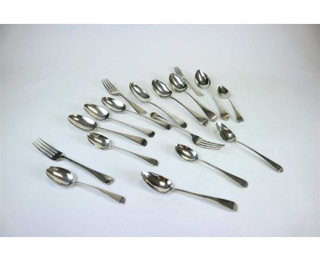 A harlequin collection of Old English pattern silver flatware, various dates and makers, comprising; three tablespoons, Peter