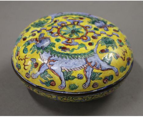A Canton yellow enamel box. 11 cm diameter.