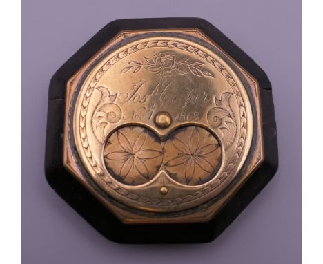 A Victorian brass mounted snuff box. 7 cm wide.