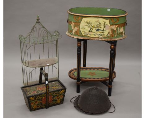 A painted jardiniere on stand, an Oriental painted box, a wire work shelf, a candelabra, etc.