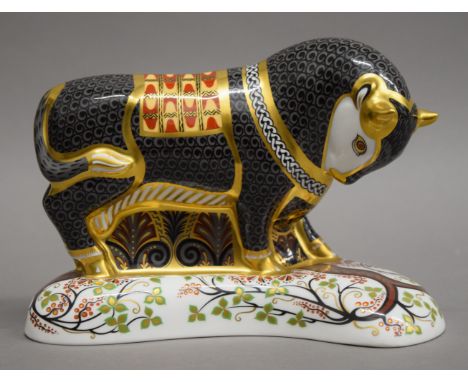 A Royal Crown Derby limited edition Grecian bull paperweight with gold mark. 12 cm high.