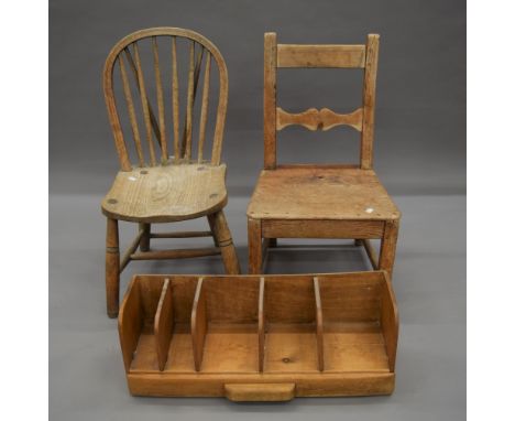 Two 19th century solid seated chairs and a pine hanging shelf. The latter 67.5 cm wide.