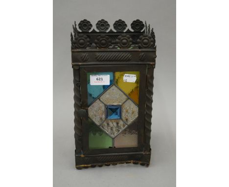A Victorian stained lead glazed hall lantern. 29 cm high.