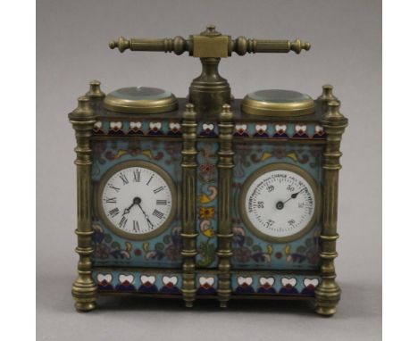 A cloisonne double clock/barometer. 12.5 cm wide. 