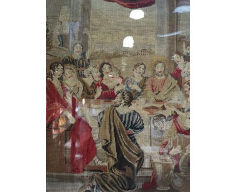 A 19th Century tapestry depicting the last supper, birdseye maple framed, 62 x 56cm