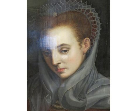 17th Century continental school After Frederico Zucchero:  Bust length portrait of a young lady wearing a grey head drape wit