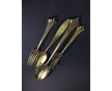 A Walker & Hall silver plate serving spoon, two forks and a Continental silver spoon 