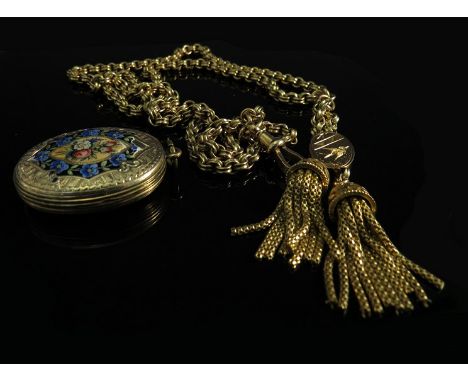 A 9ct link chain with tasselled ends hung with ornate locket with enamel floral detail a/f 