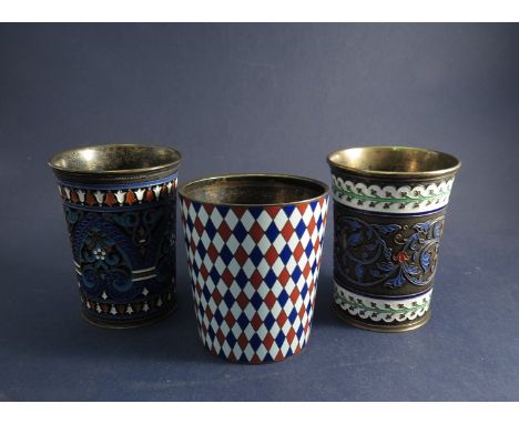 Two Russian silver beakers with enamel detail and another (3) 