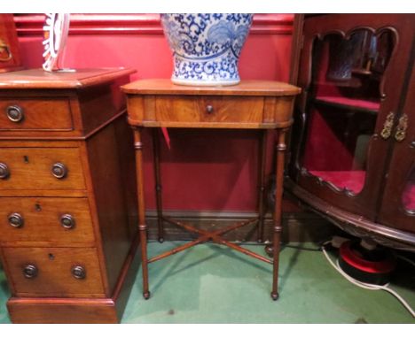 A George II style mahogany lamp table, single drawer over ring turned legs joined by an "X" stretcher 