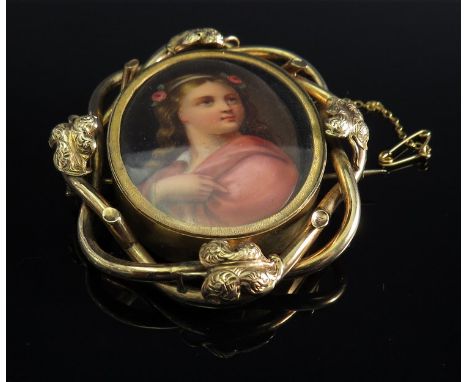 A Victorian swivel panel brooch with painted portrait of young girl in pink on oval porcelain panel, and woven hair panel to 