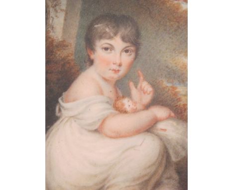 ROGER JEAN (c1783-1828) A Georgian miniature on ivory depicting girl holding doll, signed R. Jean bottom right, set in a burr