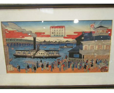 A Japanese woodcut print depicting the Dutch Residential Quarters of Dejima.  Framed and glazed.  Together with another of vi