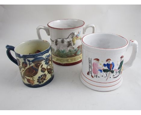 Two 19th Century Frog tankards, one with twin handles raised hunting design and a 19th Century glazed pottery tankard decorat