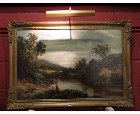 A gilt framed early 19th Century British School oil on canvas, river crossing with mountainous landscape in distance.  Unsign