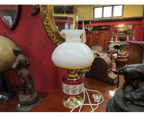 A ceramic and brass oil lamp converted to electricity with white dome shade    DTI Failure: Please See Information Pages