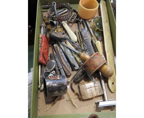 A tray of miscellaneous items including button hooks 