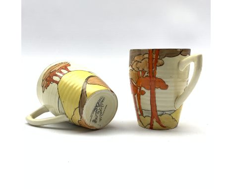 Pair of Newport Pottery Clarice Cliff Bizarre Lynton shape cups decorated in the Coral Firs design H7cm  - Condition Report 