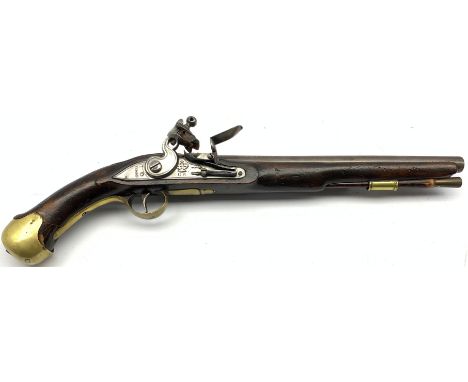 Tower long Sea Service flintlock belt pistol with Board of Ordnance stamps, walnut full stock with brass mounts, steel belt h