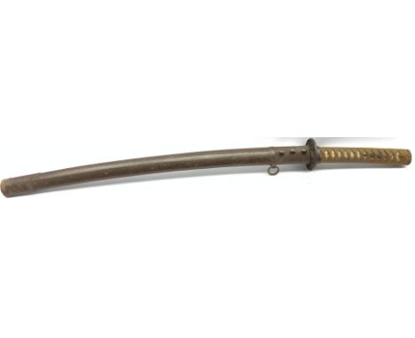 World War II Japanese officers sword with curved blade and iron tsuba, cotton wound shagreen grip and floral menuki in leathe