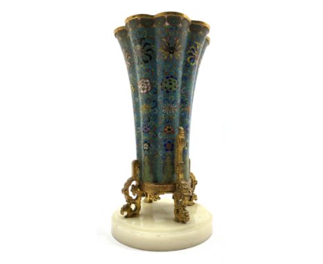 Chinese cloisonne vase, 18th Century, of lobed circular form, decorated with an all over floral design on a turquoise ground 