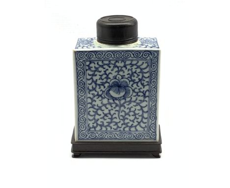 Chinese blue and white tea caddy of rectangular form with hardwood cover and stand H18cm,  - Condition Report 