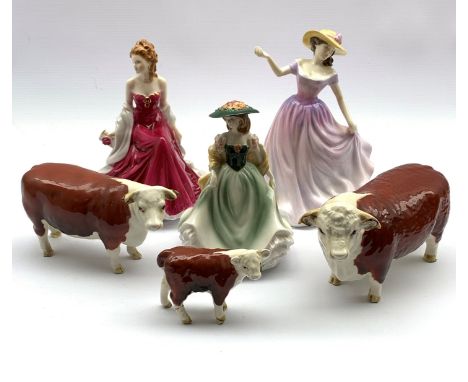 Beswick Hereford Cattle 'CH of Champions' comprising Bull, Cow and calf (a/f) together with two Royal Worcester figures 'Hann