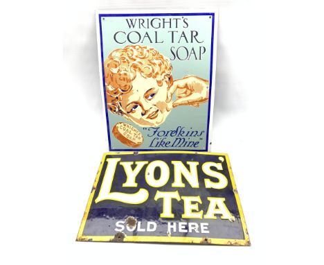 'Lyons' Tea Sold Here' single sided enamel sign 30cm x 46cm and a modern sign 'Wrights Coal Tar Soap' - Condition Report 