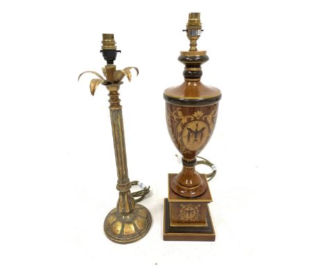 Modern classical urn form table lamp, H59cm, another with reeded column and leaf top and a pair of ebonised candlesticks  - C