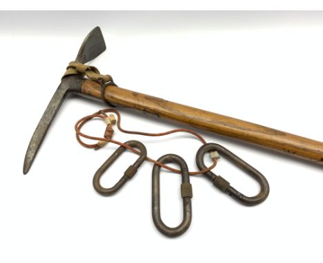 Austrian ice axe by Stubai with wooden shaft L83cm and three carabiner by the same maker - Condition Report 