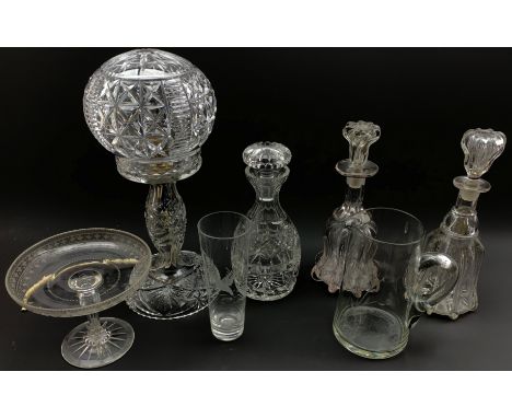 Pair of Victorian glass bell shape decanters, cut glass decanter, cut glass table lamp and shade, glass tazza and two other i