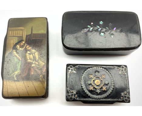 19th Century papier mache snuff box painted with a 17th Century interior scene L8cm and two other papier mache snuff boxes - 