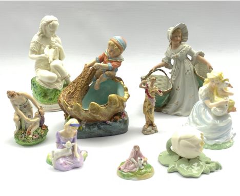 Royal Doulton figure 'Mary Had A Little Lamb', Coalport figure 'The Goose Girl', Royal China Works Worcester wall pocket, 19t