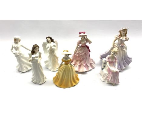 Three Royal Doulton figures Christmas Parcels, Christmas Angel and Skating, two Royal Worcester figures and two others - Cond