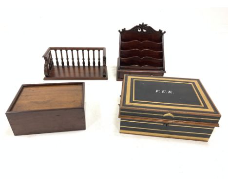 Victorian metal deed box, Victorian mahogany storage box with sliding cover, a carved mahogany book trough with spindle suppo