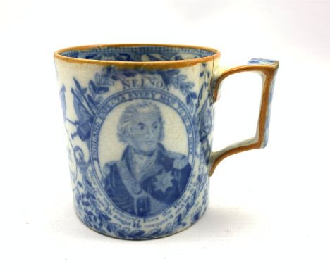 Early 19th Century transfer printed commemorative pottery 'Nelson' mug, possibly Swansea, printed in blue and white with port