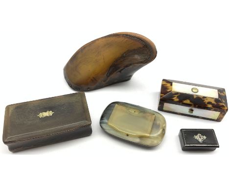 Small tortoiseshell and mother of pearl box containing two miniature clay pipes L7cm, horn snuff box, snuff mull and two othe