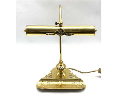 Edwardian style brass desk lamp with adjustable cylindrical shade on pierced base with pen tray aperture, H41cm  - Condition 